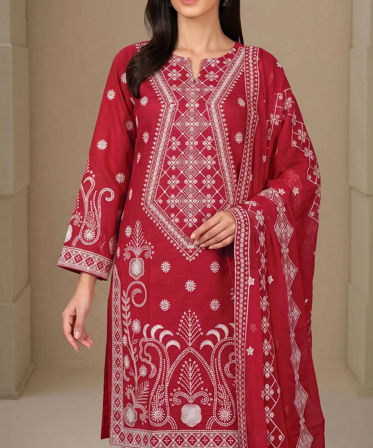 Red Embroidered 3Piece Suit Full View 2