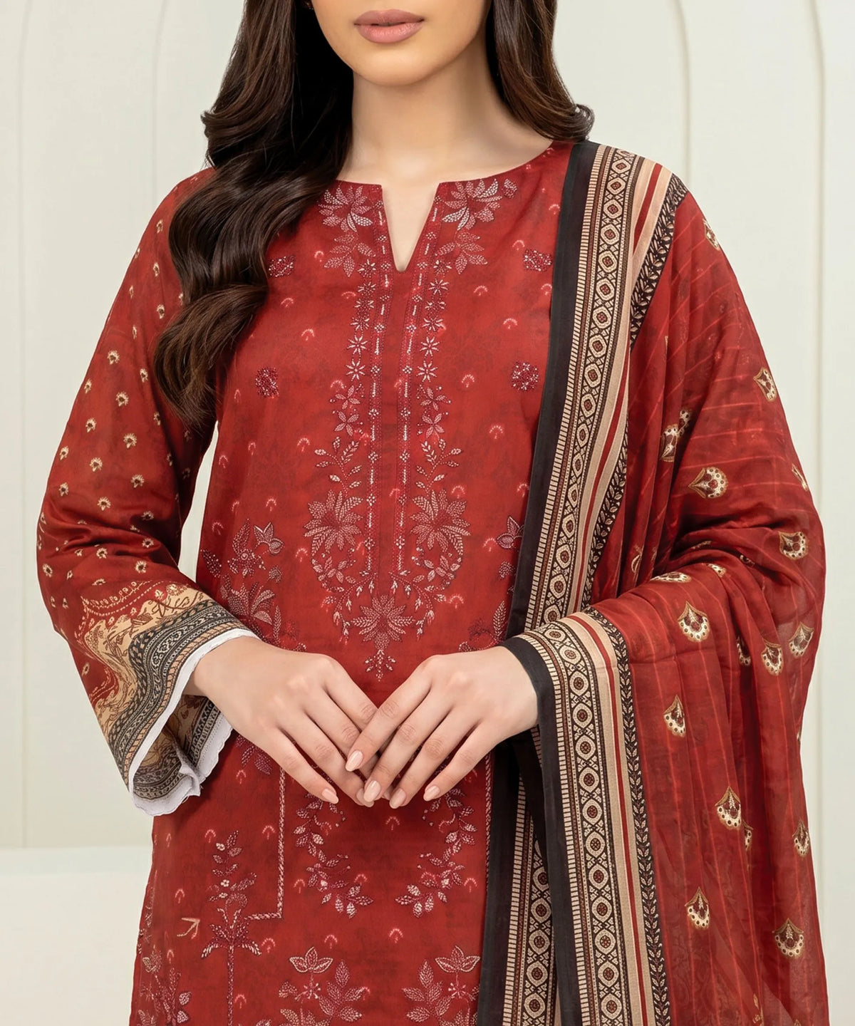 Red Embroidered Unstitched 3PC Neck Pattern