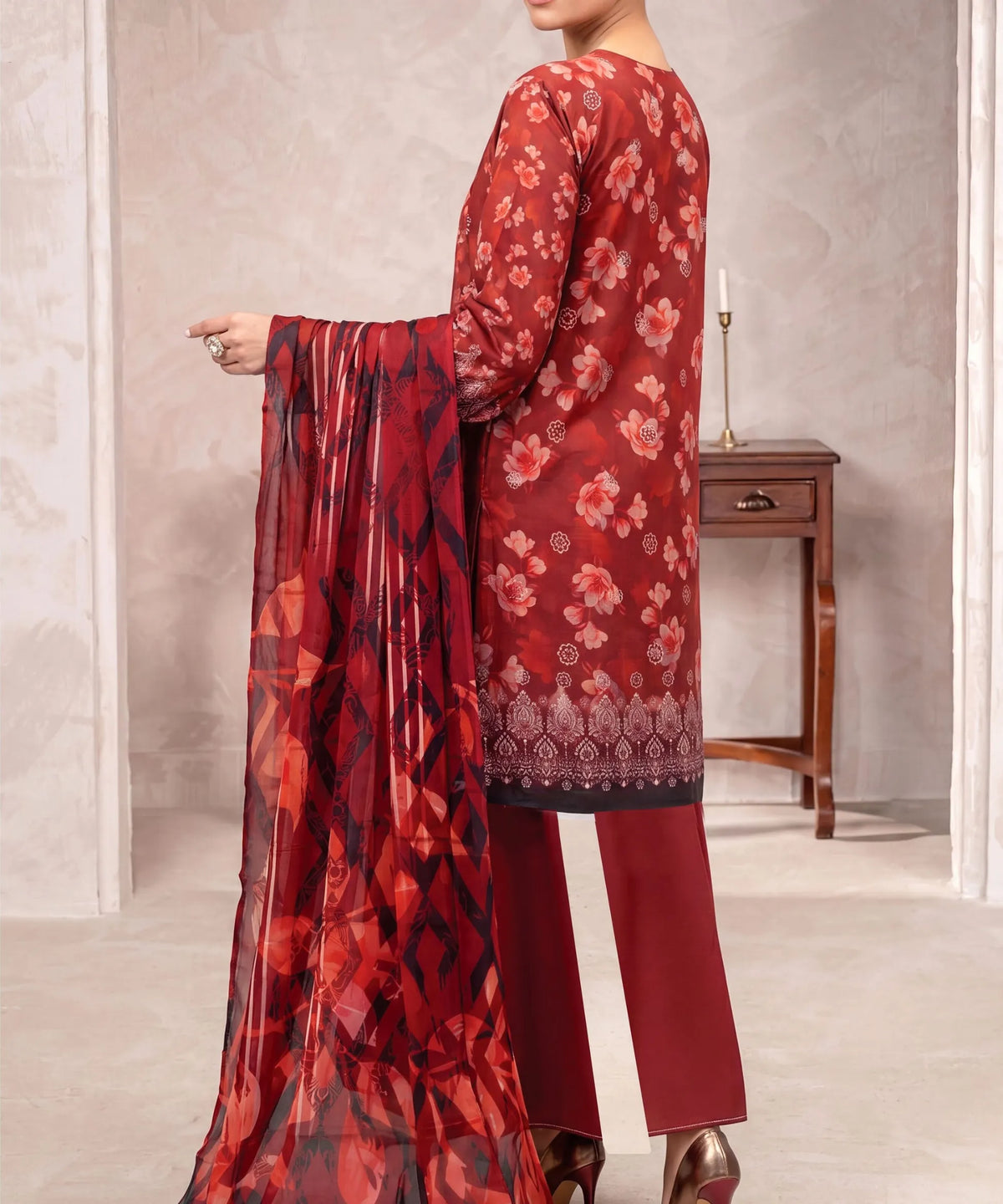 Red Embroidered Unstitched Suit Back Design