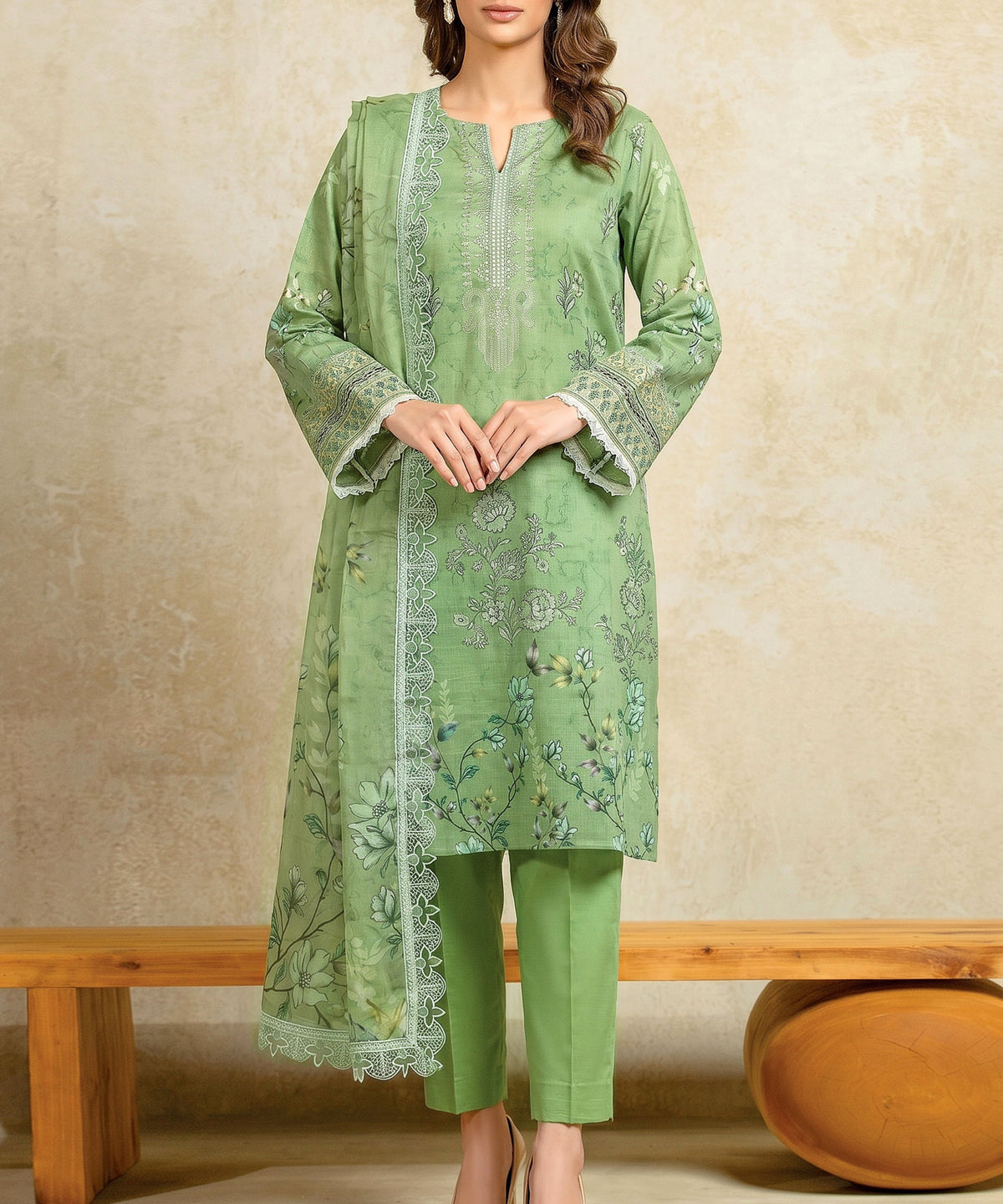 MaswaSage Green Embroidered Unstitched 3PC Suit