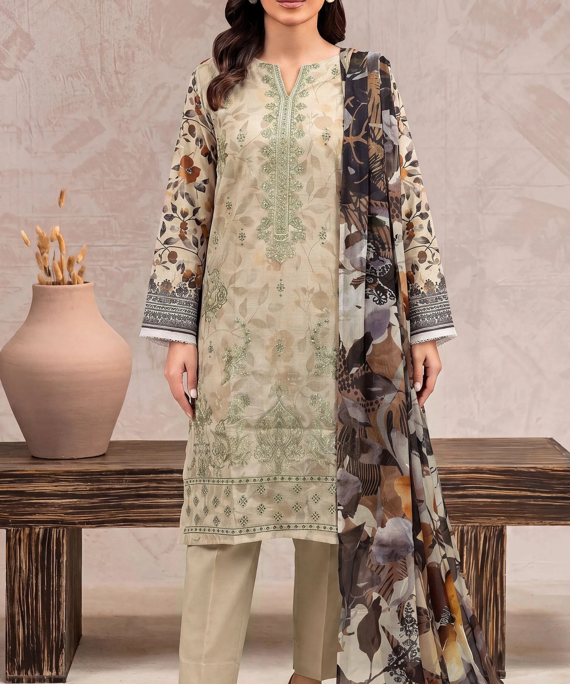 Sage Green Embroidered 3Piece Suit Full View