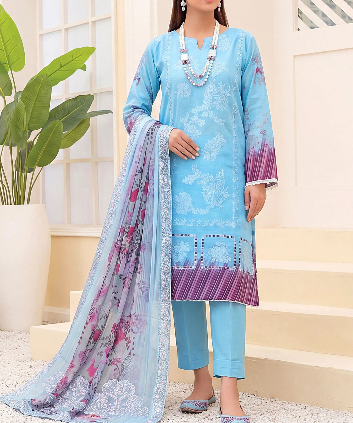 Sky Blue Embroidered 3 Piece Suit Front View