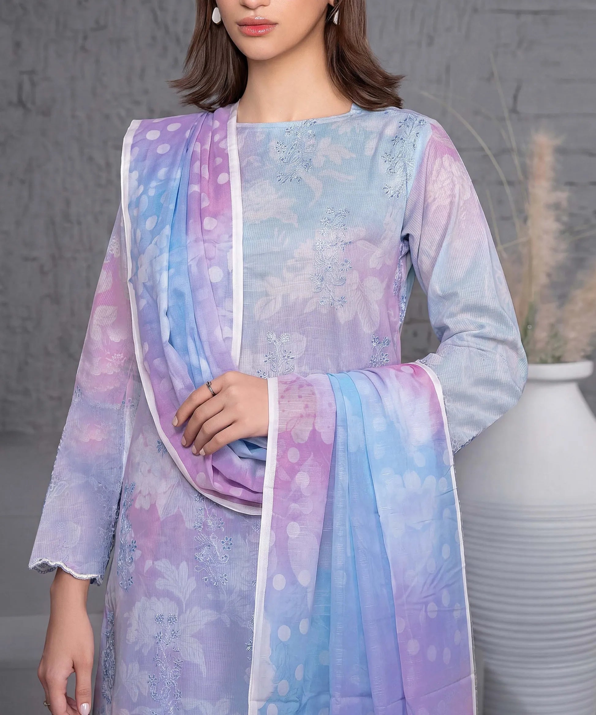 Sky Blue Embroidered Unstitched Suit Close Up