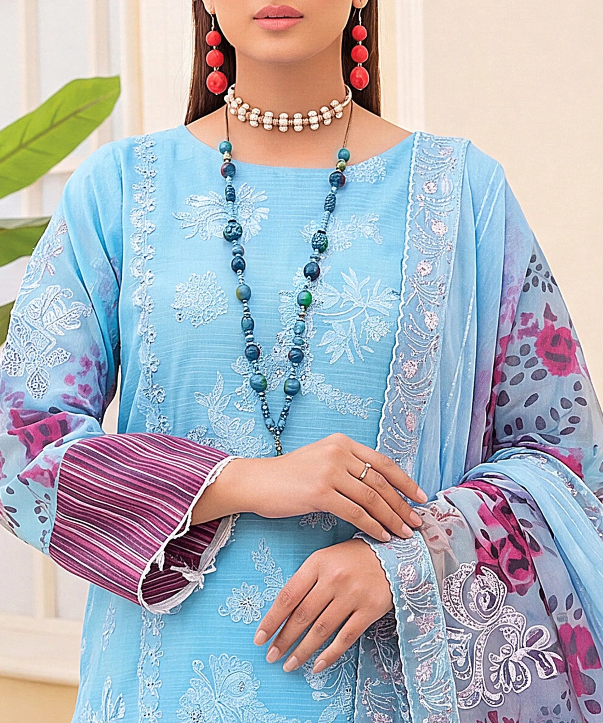 Sky Blue Embroidered Unstitched Suit Embroidery Detail