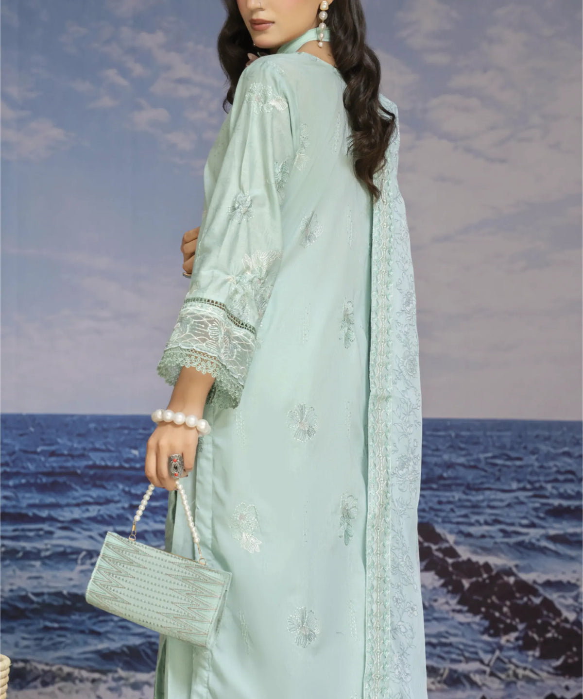 Sky Blue Unstitched Embroidered Suit Back Design