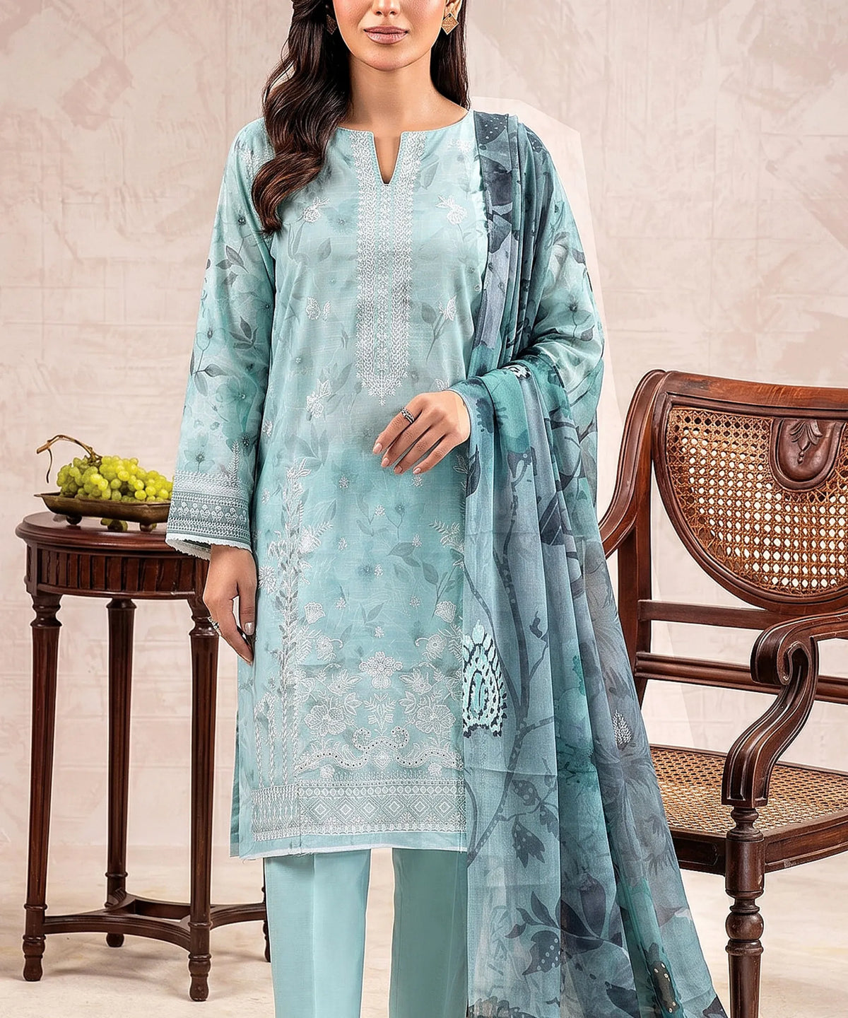 Sky Blue Embroidered 3Piece Suit Full View