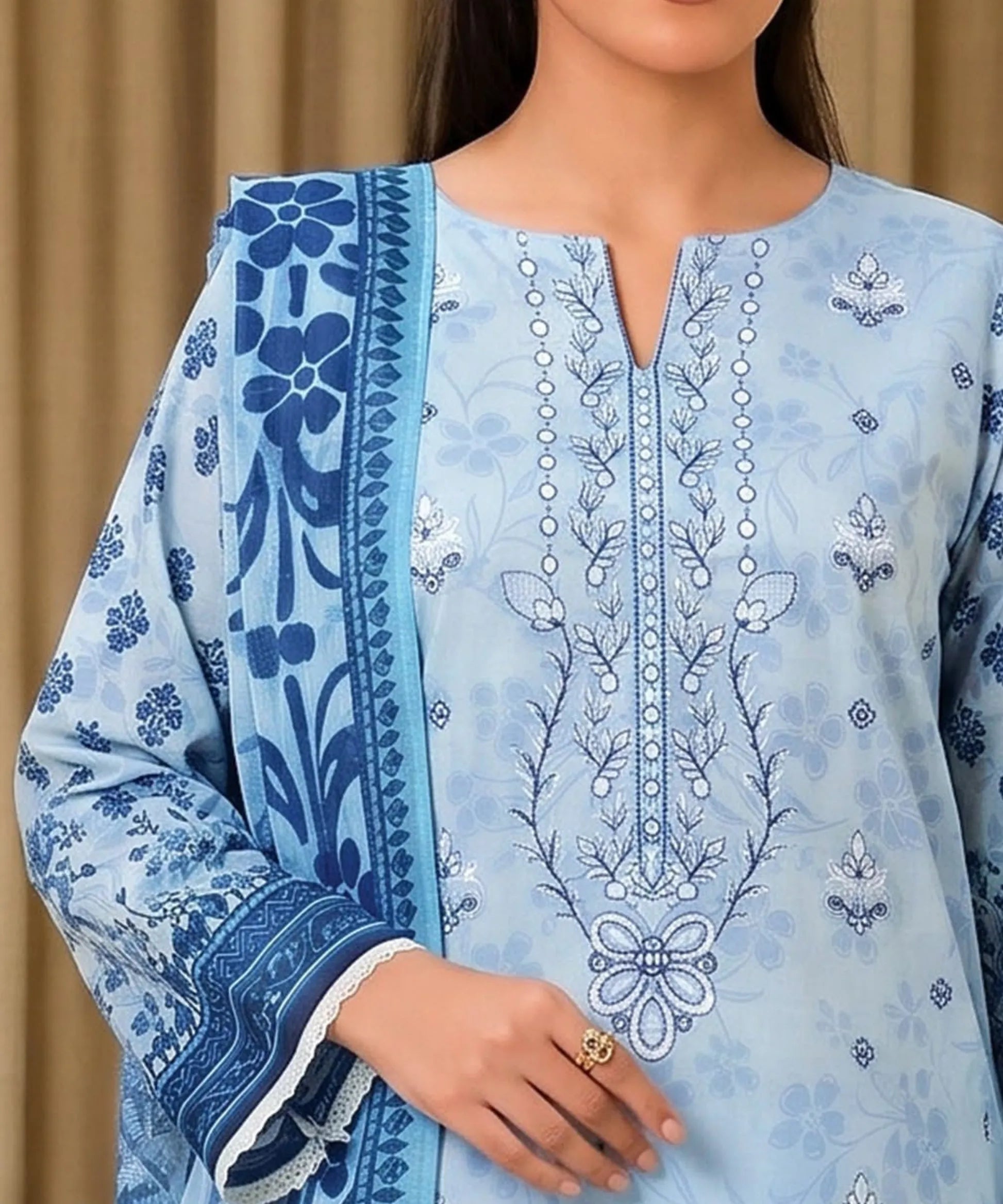 Sky Blue Embroidered 3Piece Suit Neck Pattern