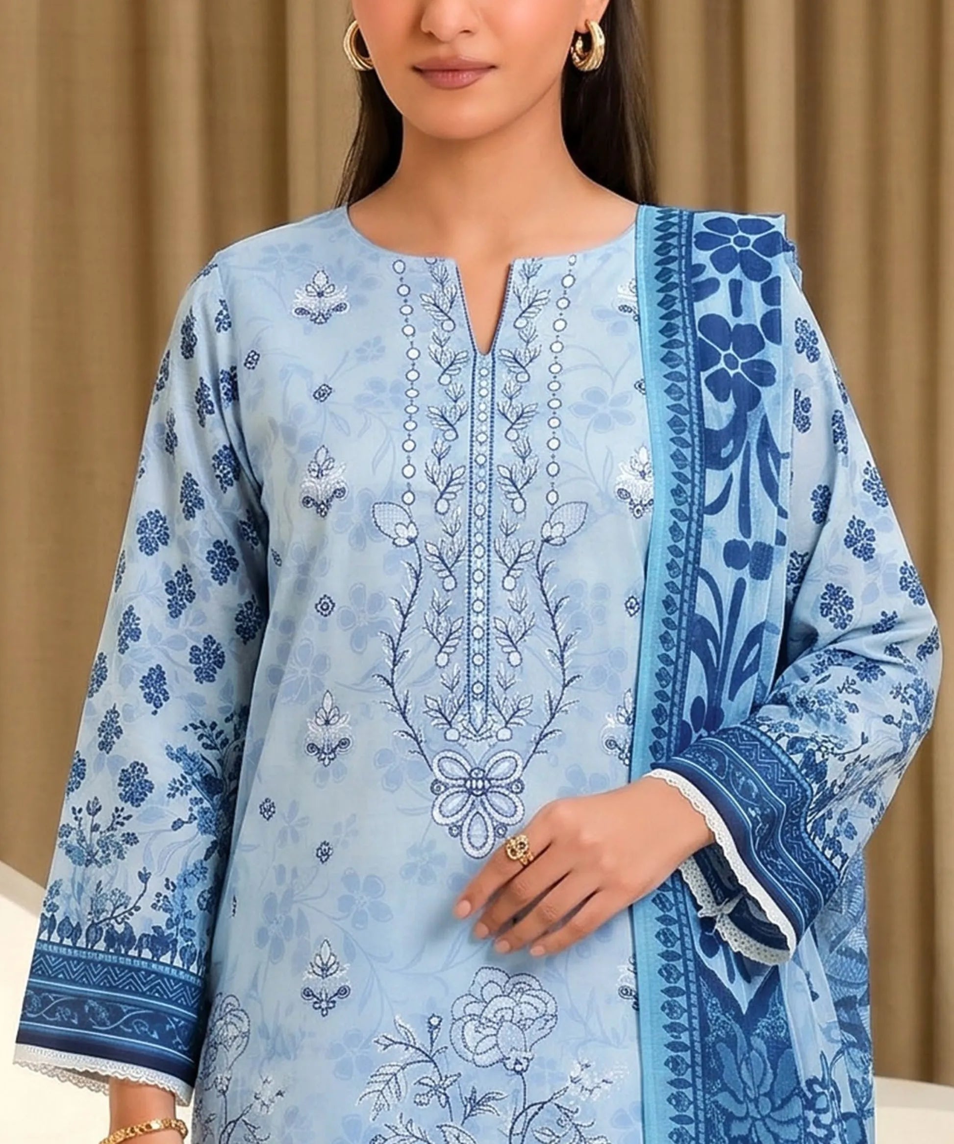 Sky Blue Embroidered Unstitched 3PC Suit Front View