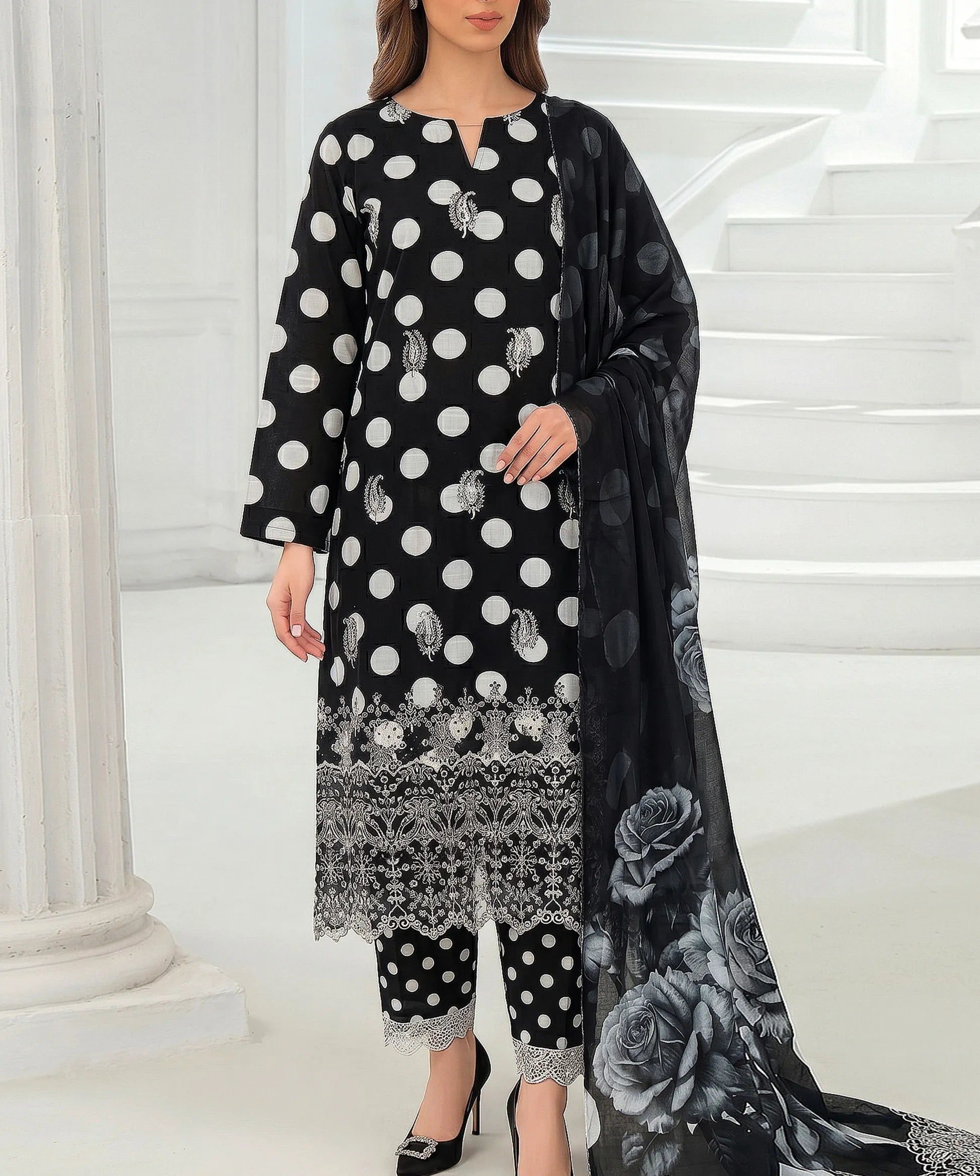 Snora Black Embroidered 3Piece Suit Full View
