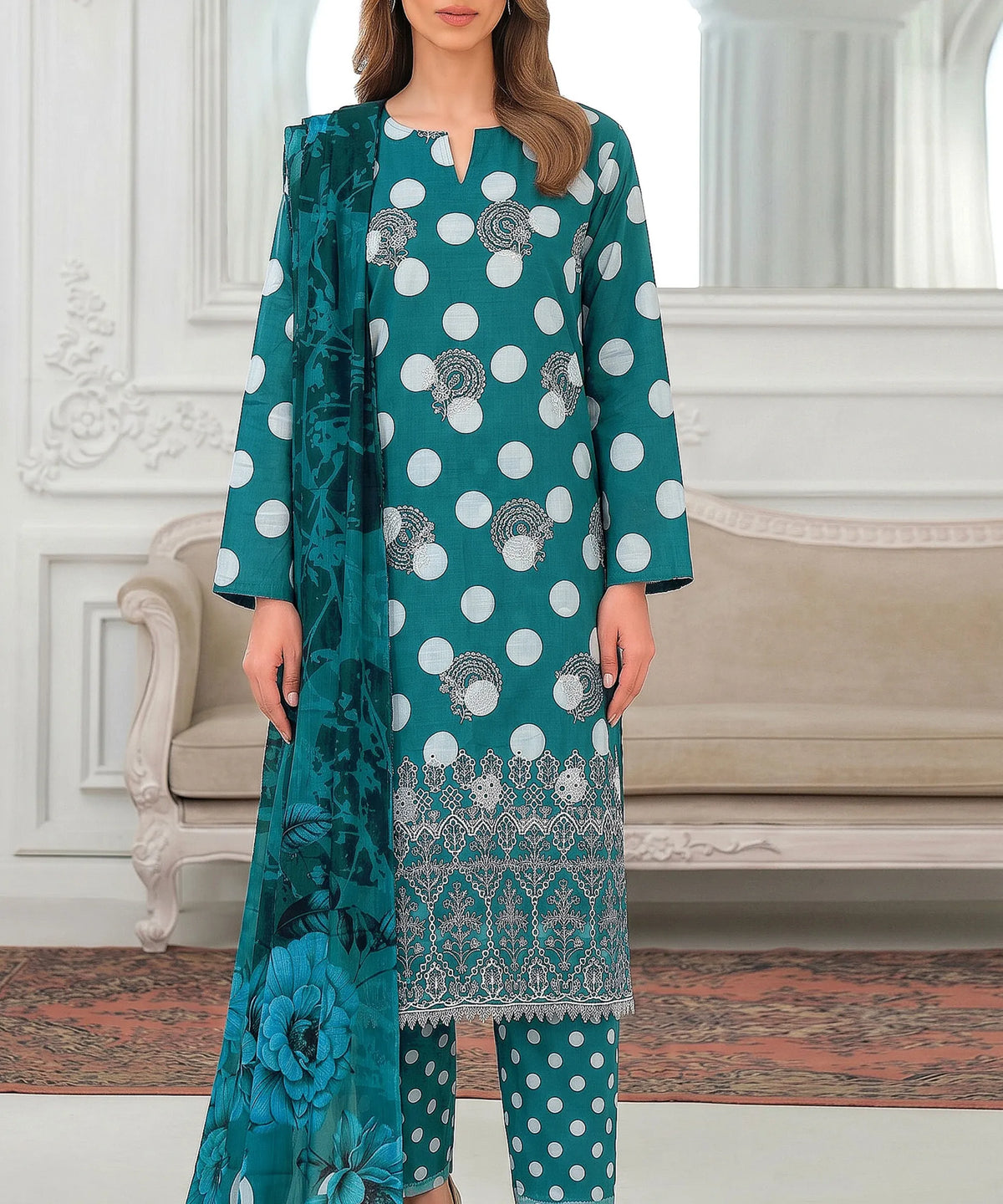 Snora Teal Embroidered 3Piece Suit Full View