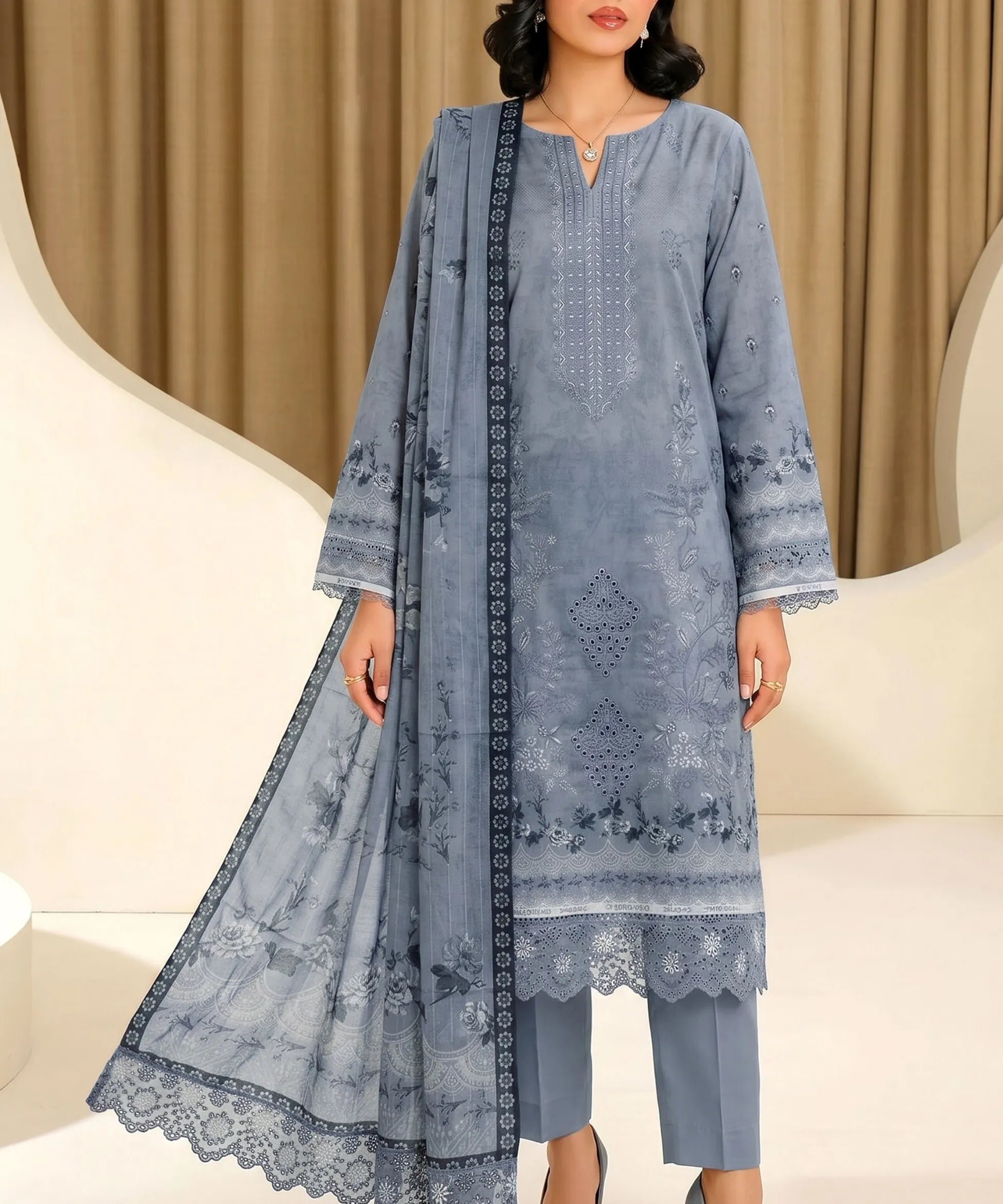 Steel Blue Embroidered Unstitched Suit Front Design