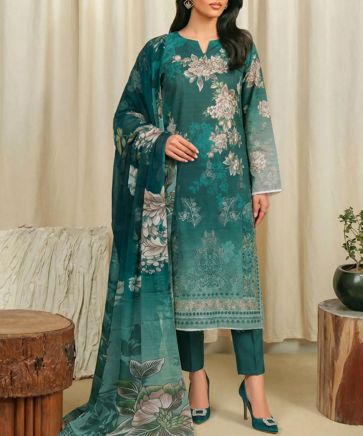 Teal Unstitched 3PC Suit Dupatta Pattern Detail