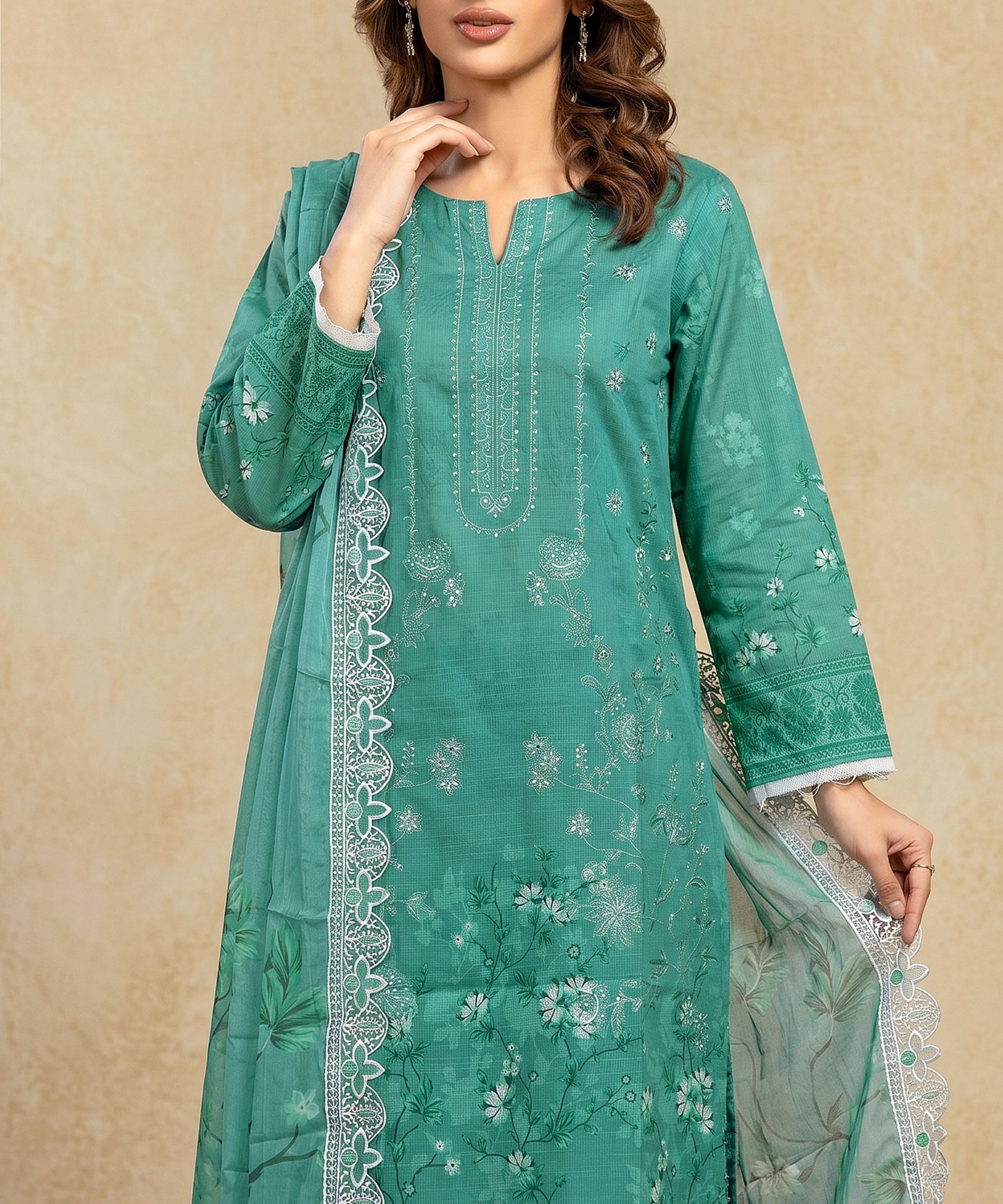 Teal Embroidered Unstitched Suit Embroidery Detail