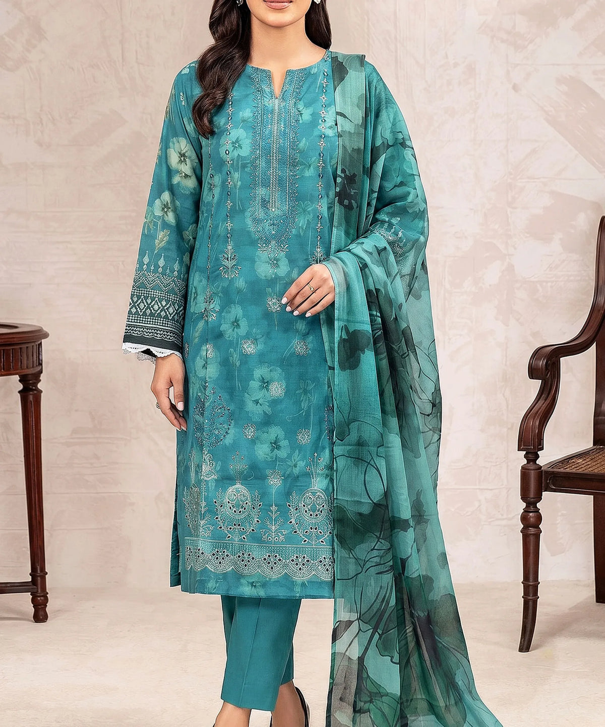 Teal Embroidered 3Piece Suit Full View 