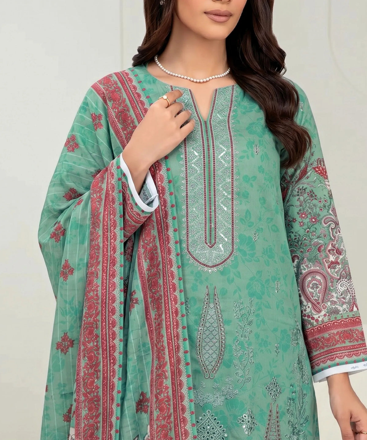 Teal Embroidered Unstitched Suit Neckline Embroidery Detail