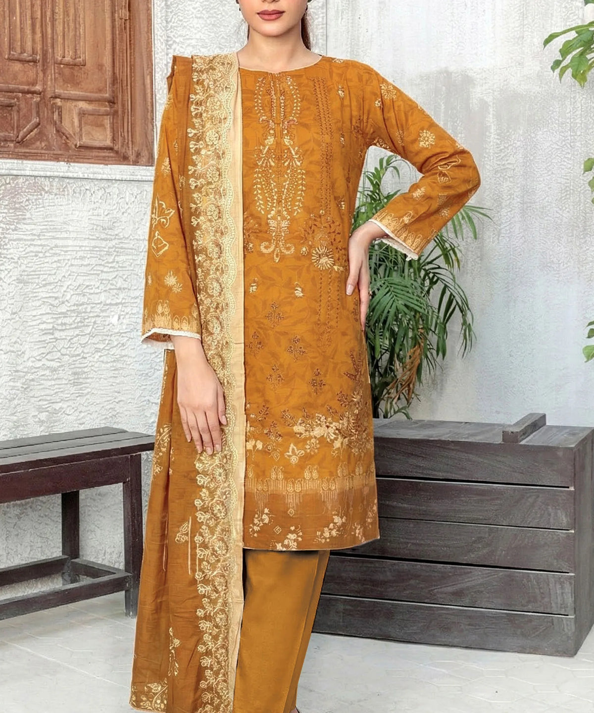 Toffee Embroidered 3 Piece Suit Full Sitting View
