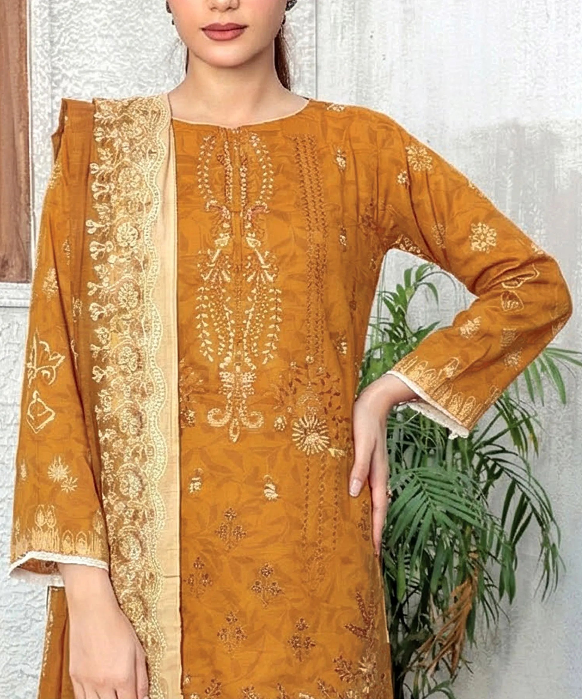 Toffee Embroidered Unstitched Suit Neck line Embroidery Detail