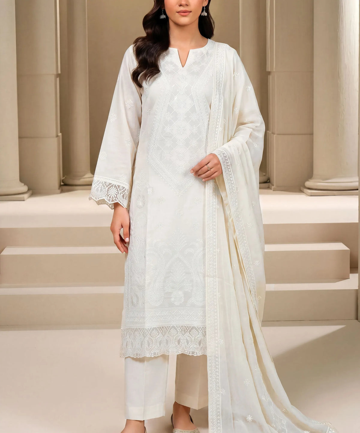 White Embroidered Unstitched 3PC Suit