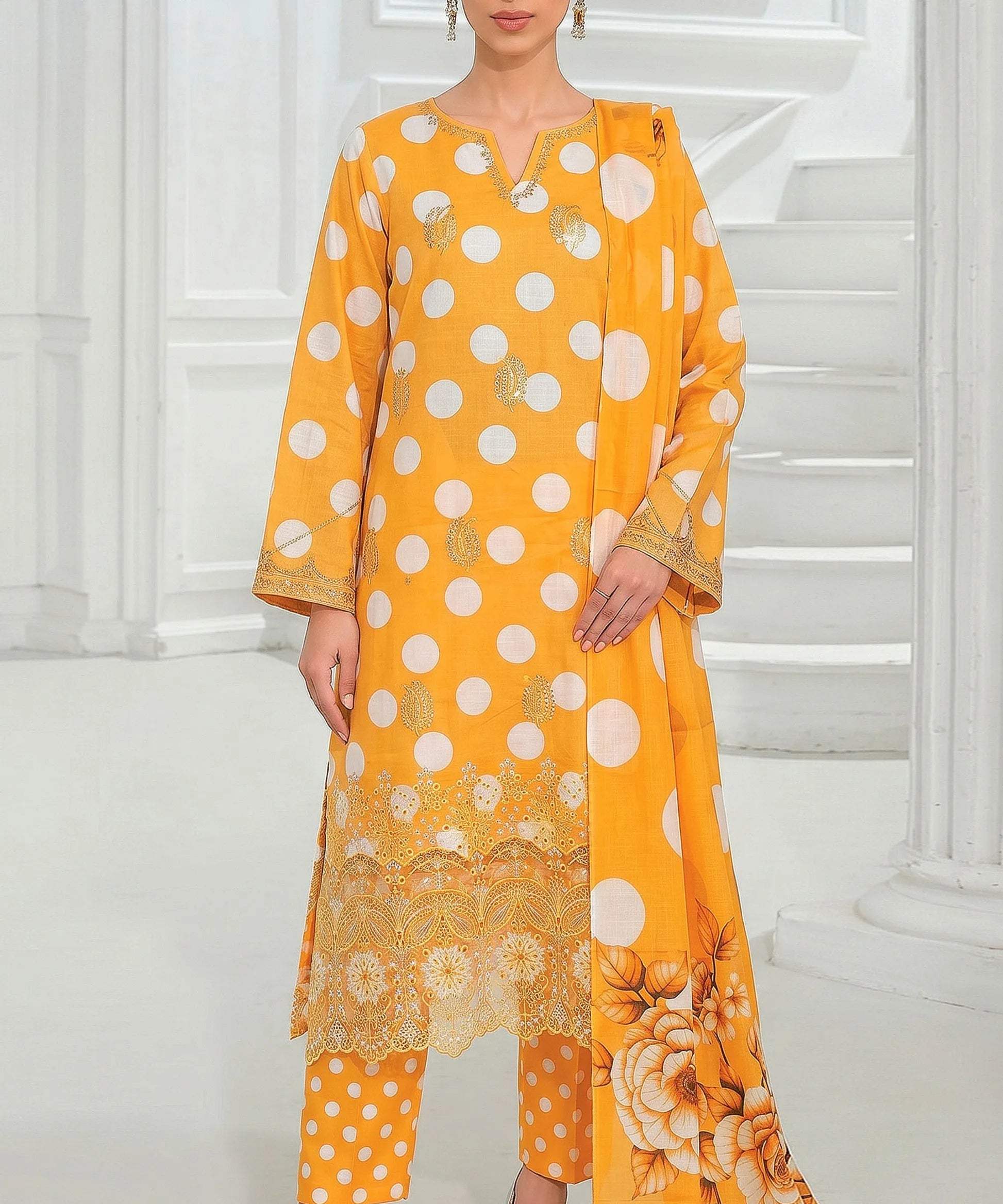 Yellow Embroidered Unstitched 3PC Suit