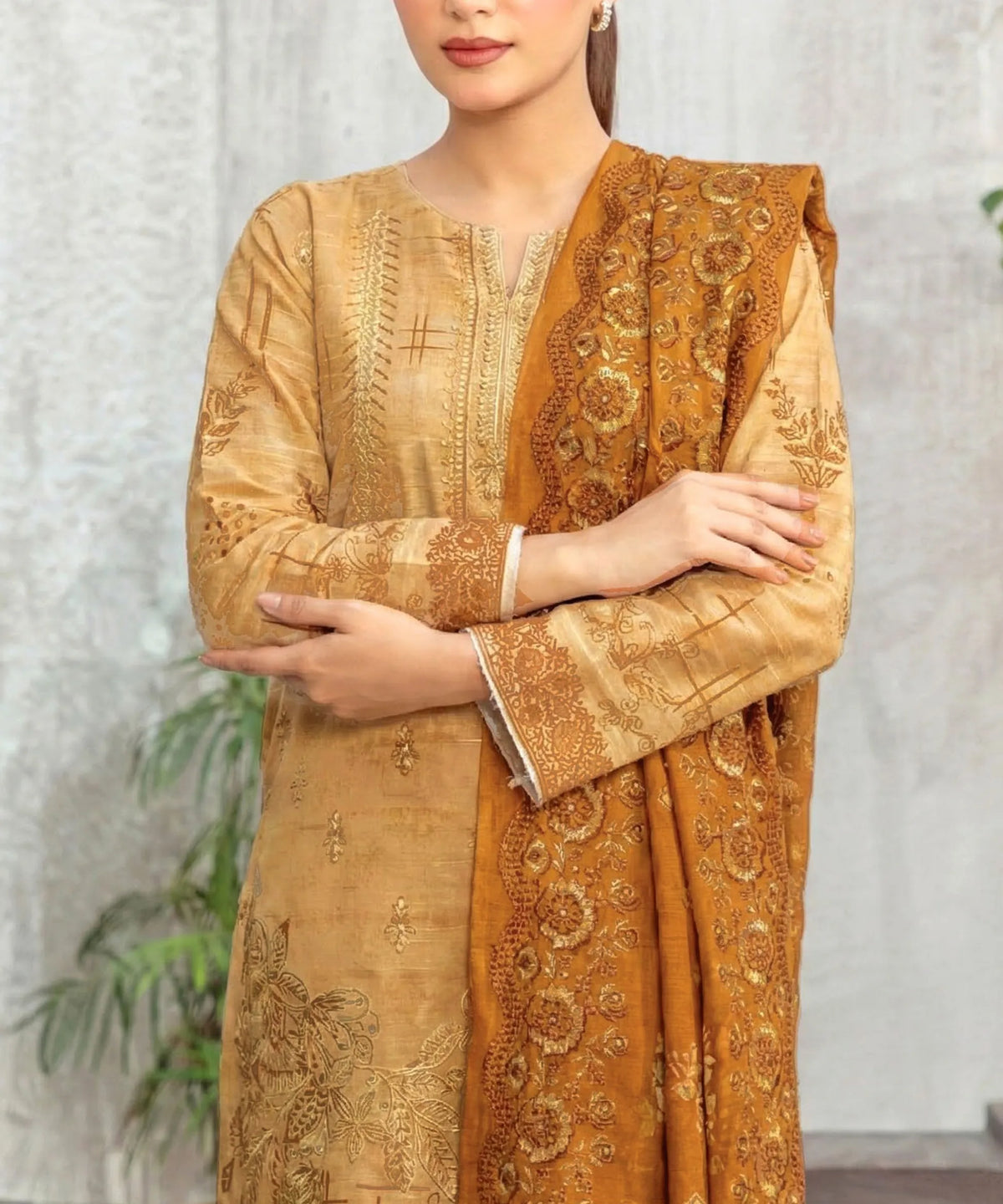 Yellow Unstitched Embroidered 3 PC Suit Front View