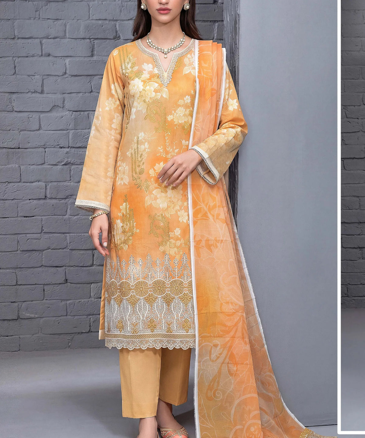 Yellow Unstitched Embroidered 3 Piece Suit Full View