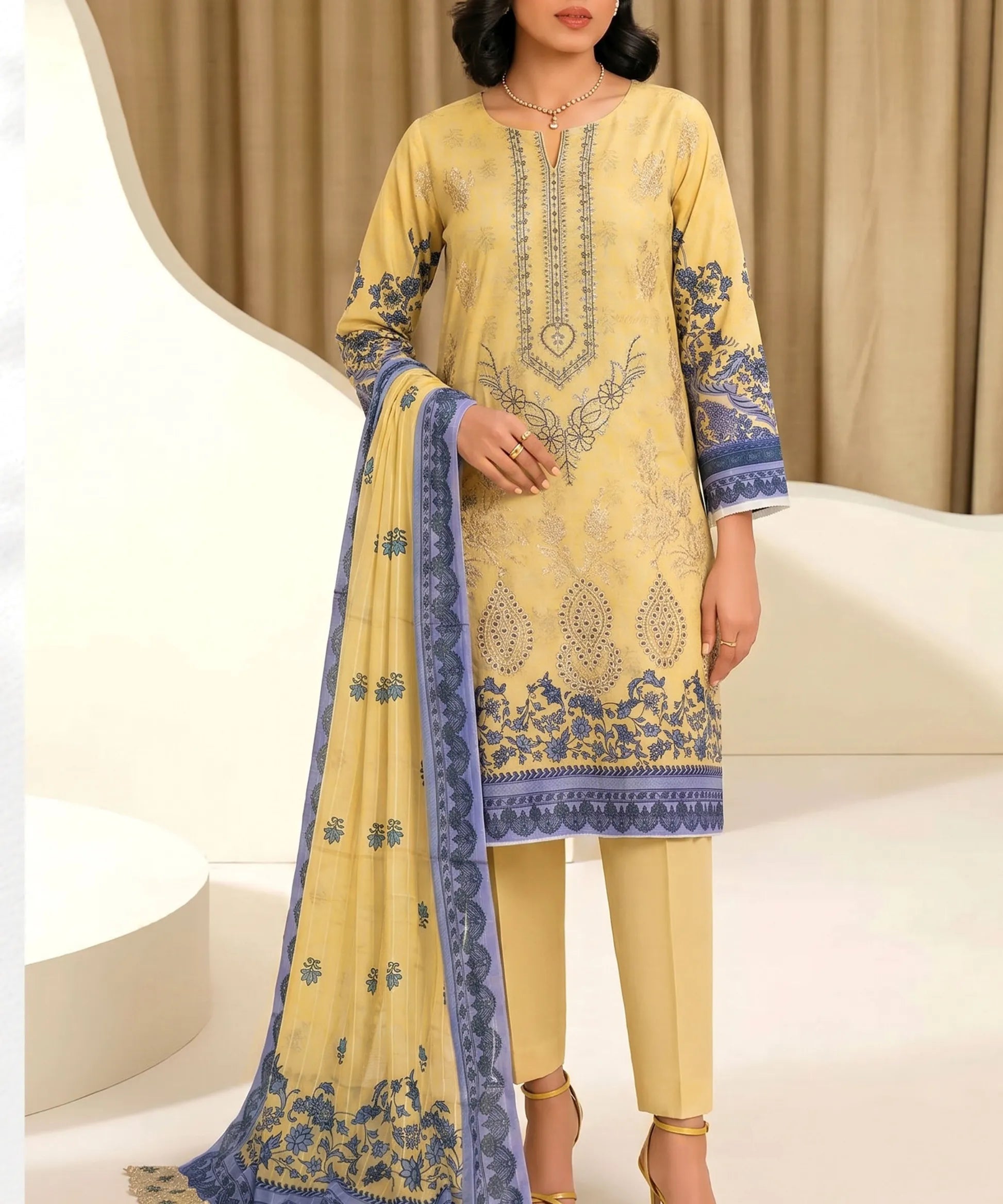 Yellow Embroidered 3Piece Suit Full View