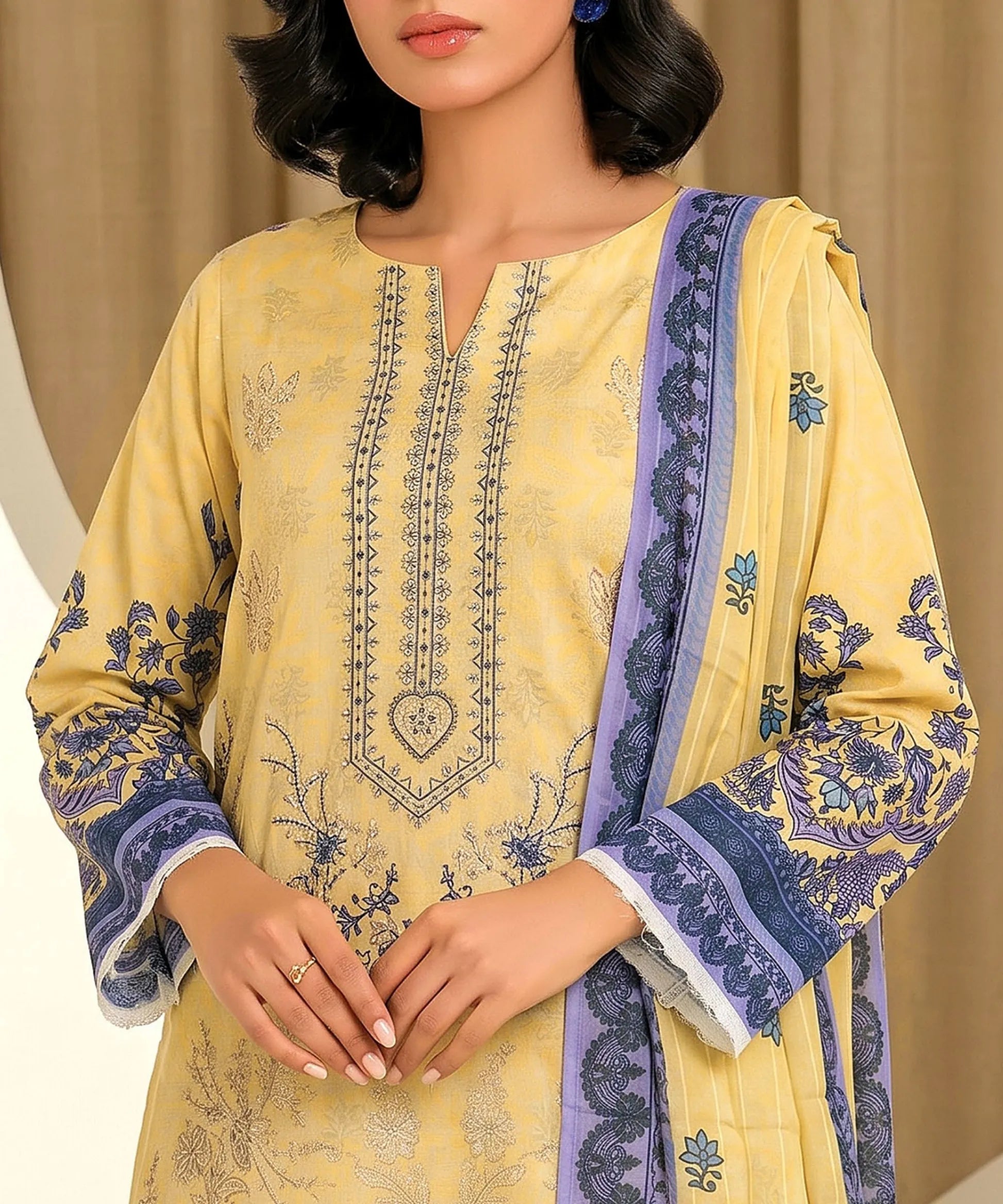 Yellow Embroidered Unstitched 3PC Suit Front View